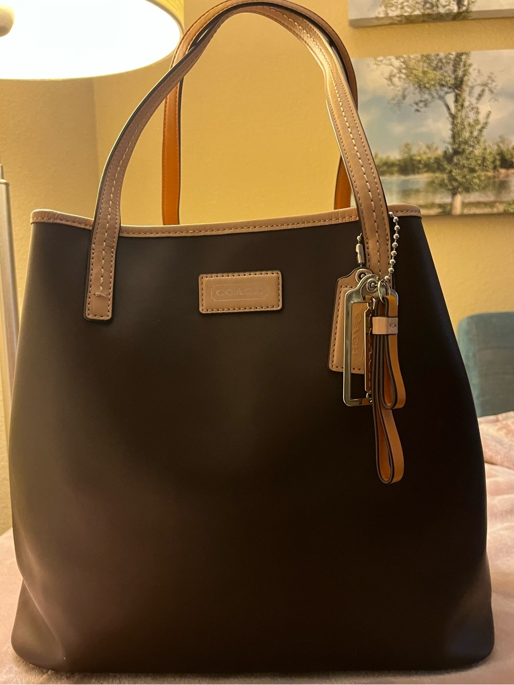 Coach Leather Tote Bag in Brown with Mustard Trim